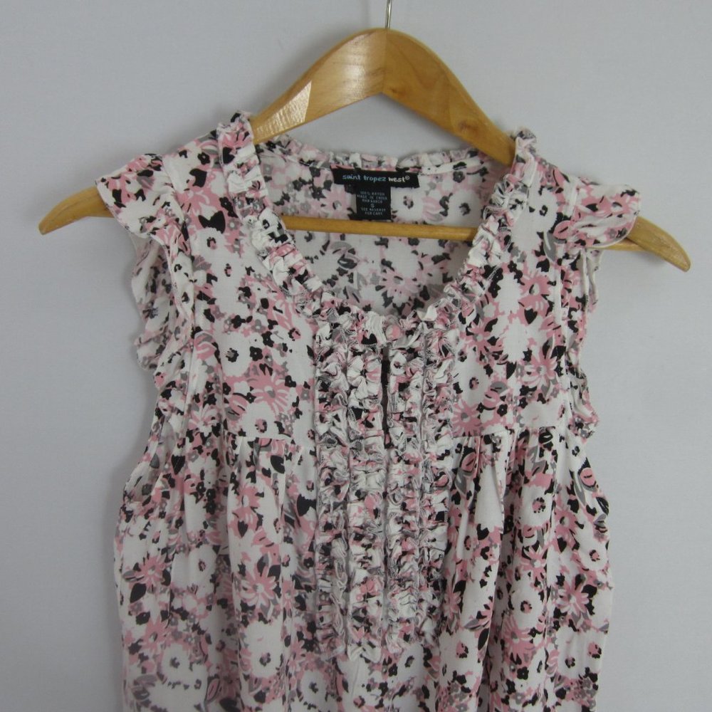 Saint Tropez West Womens Small Pink Floral Ruffle Sleeveless Baby Doll Shirt Top